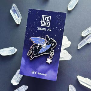 Celestial Black Bunny Enamel Pin with Star Charm | Star Chaser Bunny Leaping - Silver Plated Kawaii Glitter Pin | Pastel Moon Rabbit