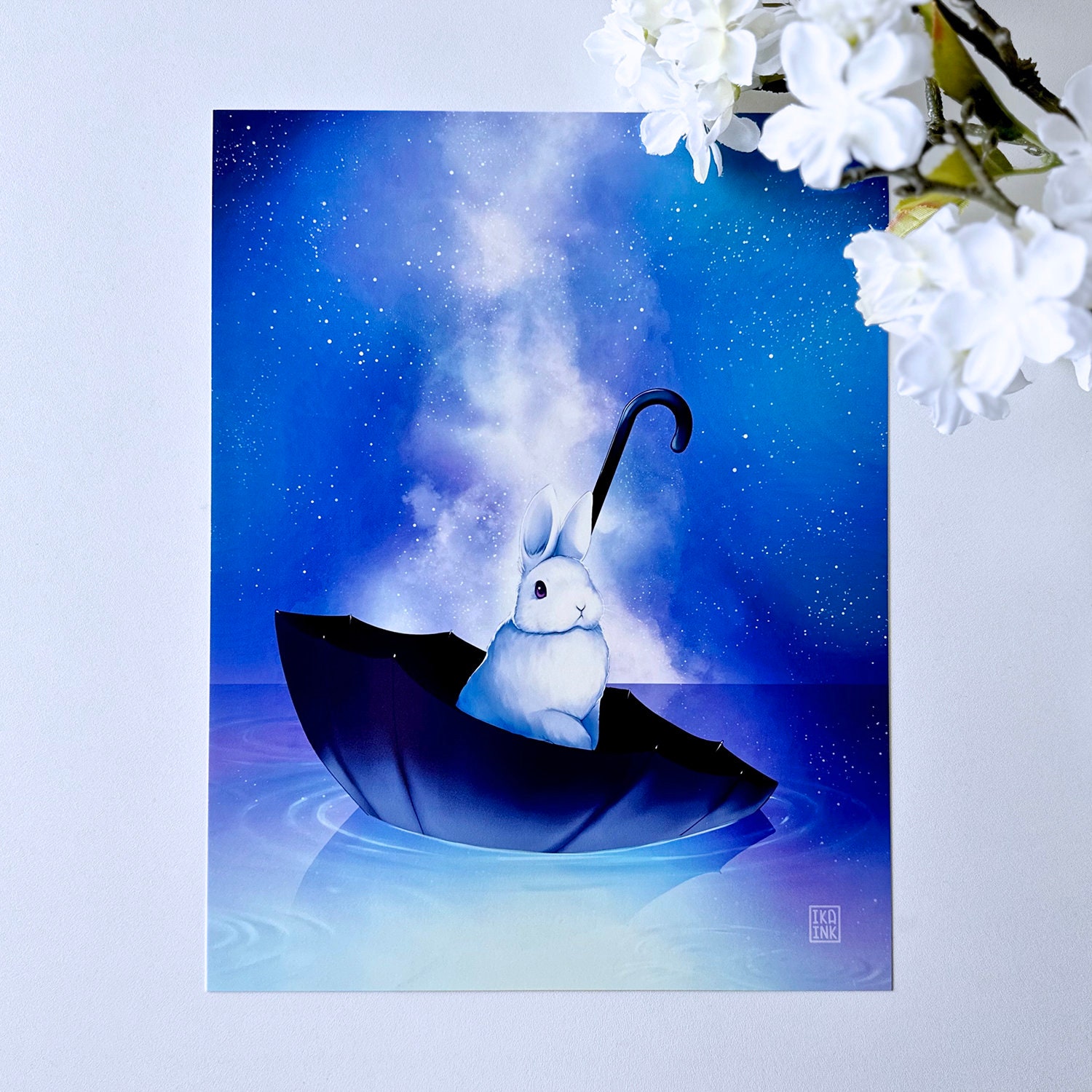 水彩壁絵watercolor“The Chilling Bunny Bunny” 风中樱花小兔兔. Bunny in the Sakura Breeze: watercolour +
