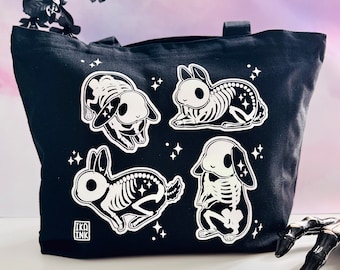 Skeleton Bunny Tote Bag with Zipper, Creepy Cute Rabbit Eco-Friendly Shopping Bag, Reusable Cotton Bag, Gift for Bunny Lovers