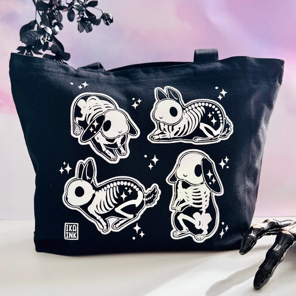 Skelett-Hasen-Einkaufstasche mit Reißverschluss, gruselige, niedliche, umweltfreundliche Einkaufstasche, wiederverwendbare Baumwolltasche, Geschenk für Hasenliebhaber