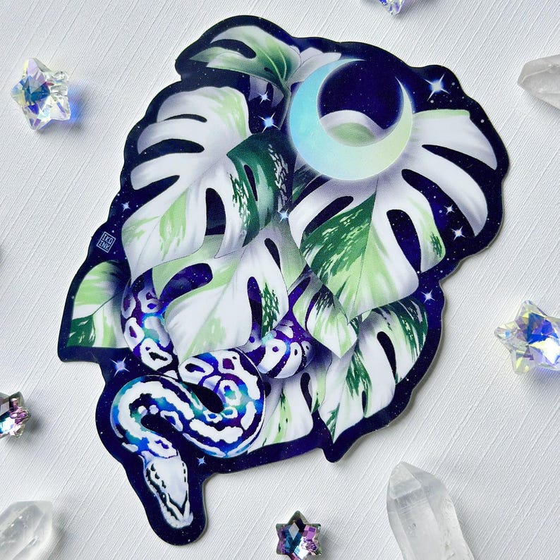 Pu&ograve; includere: Un adesivo con una foglia di monstera bianca e verde con un serpente blu e viola avvolto attorno. Lo sfondo &egrave; blu scuro con stelle bianche e una luna crescente.