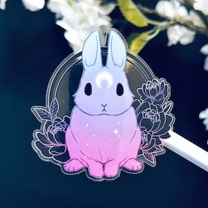 Morning Star Bunny Sticker | Cute Rabbit with Peony Flowers Transparent Vinyl Sticker