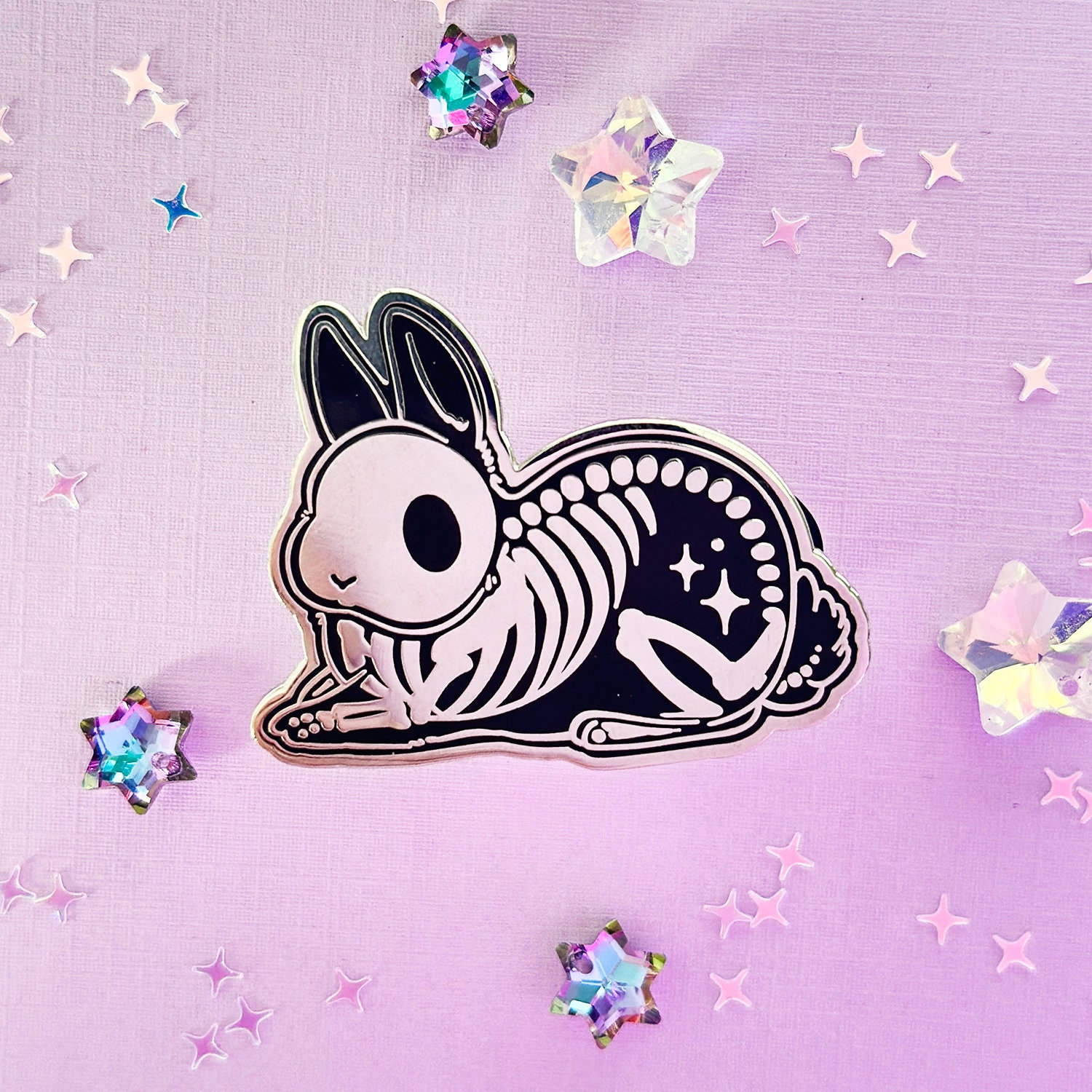Bunny Skeleton Enamel Pin - Creepy Cute Spooky Themed Sitting Posed Skelebun Rabbit Lapel Pin - Polished Silver Plated with Black Enamel