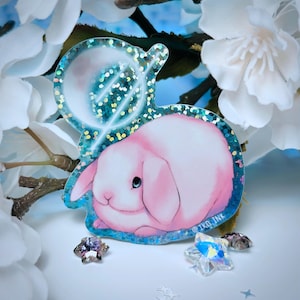 Bunny Moon and Stars Glitter Vinyl Sticker: Cute Die-cut Rabbit Sticker with Glitter Effect