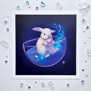 Impression d&#39;art de thé Bunny Galaxy | Illustration et décoration intérieure de lapin céleste | Joli lapin hollandais dans une oeuvre d&#39;art fantaisiste | 10 x 10 pouces
