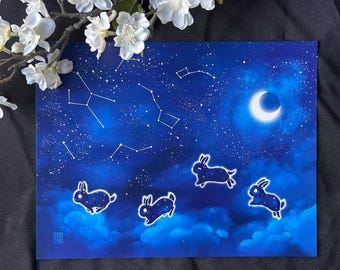 Constellation Bunnies Art Print: Starry Night Sky Rabbit Illustration