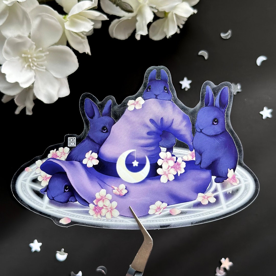 Witch Hat Black Bunnies Clear Vinyl Sticker | Cute Witchy Rabbits ...