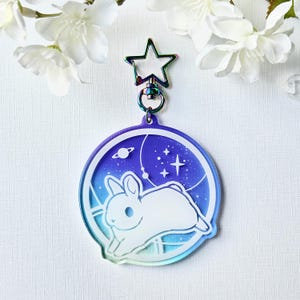 Bunny Celestial Circles Keychain | Cute Space Rabbit Charm Keychain | Kawaii White Rabbit Leaping Among Stars and Planets