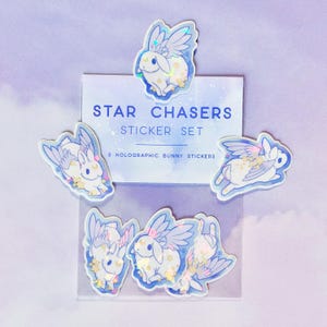 Angelic Bunny Sticker Set: Holographic Angel Winged Rabbits With Stars (3 pieces)