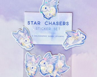 Angelic Bunny Sticker Set: Holographic Angel Winged Rabbits With Stars (3 pieces)