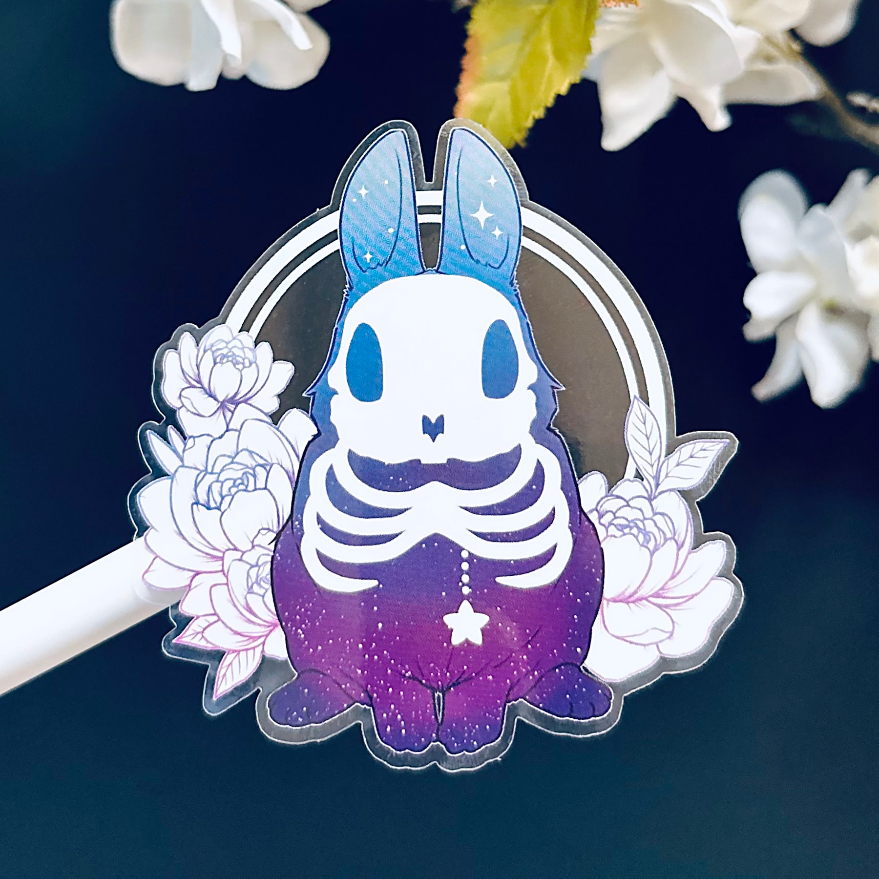 Evening Star Bunny Sticker | Cute Skeleton Rabbit and Peony Flower Transparent Sticker
