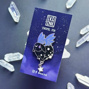 Celestial Black Bunny Enamel Pin with Star Charm | Star Chaser Bunny Running - Silver Plated Kawaii Glitter Pin | Pastel Moon Rabbit