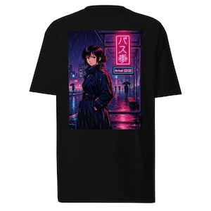 May include: Black t-shirt featuring a neon-lit anime scene. The graphic depicts a person in a dark coat standing in the rain at a bus stop. Japanese text and the words "Arrival 00:00" are visible.