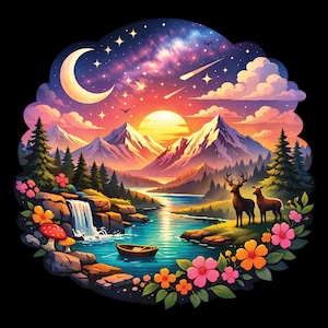 Könnte beinhalten: Eine lebendige, kreisförmige Illustration einer Berglandschaft bei Sonnenuntergang. Die Szene umfasst einen Fluss, einen Wasserfall, ein Boot, Hirsche und bunte Blumen. Der Himmel wechselt von einer sternenklaren Nacht zu einem feurigen Sonnenuntergang.