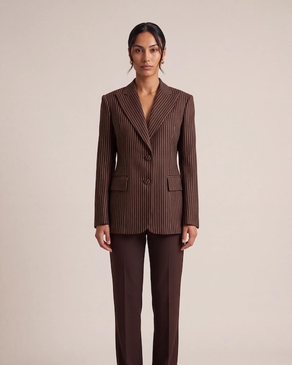Women's Blazer in Fine Wool - Only 18 Pieces Made - Brown and Navy Blue Pinstripe - Sartorial Design