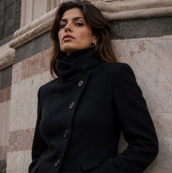 Lorenzo Risi Atelier Women's Black Wool Jacket, Asymmetric Jacket, Elegant Artistic High Collar Coat Made to Order