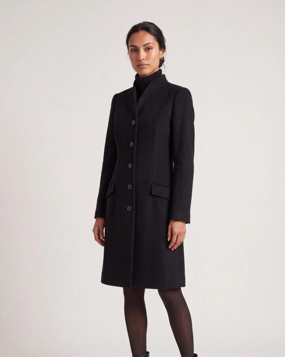 Women's Black Wool Coat, Elegant Long Single-Breasted Coat, V-Neck Coat, Luxury Winter Coat Made to Order