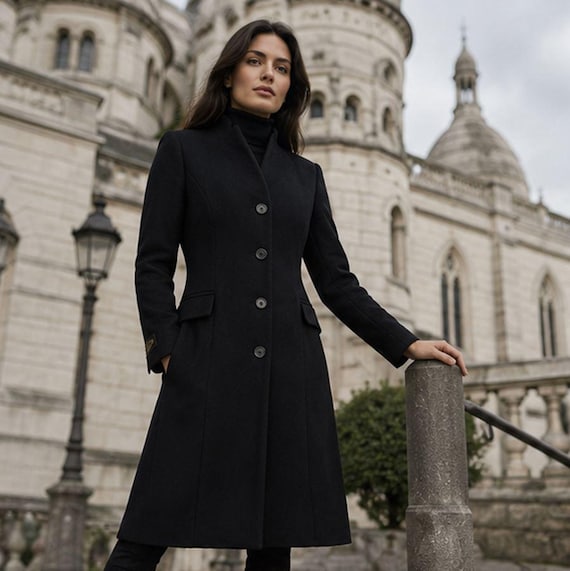 Women's Black Wool Coat, Elegant Long Single-Breasted Coat, V-Neck Coat, Luxury Winter Coat Made to Order