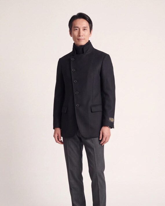 Lorenzo Risi Atelier Men's Black Wool Jacket, Korean Style Jacket, Elegant Mandarin Collar Coat, Artistic Made to Order