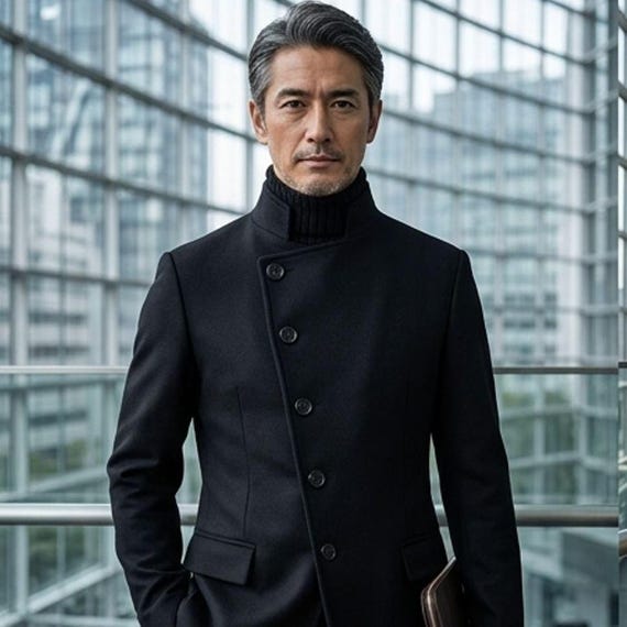 Lorenzo Risi Atelier Men's Black Wool Jacket, Korean Style Jacket, Elegant Mandarin Collar Coat, Artistic Made to Order