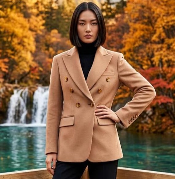 Women's Camel Cashmere Blazer | Luxury Tailored Double-Breasted Jacket | Elegant Fall Coat | Lorenzo Risi Atelier