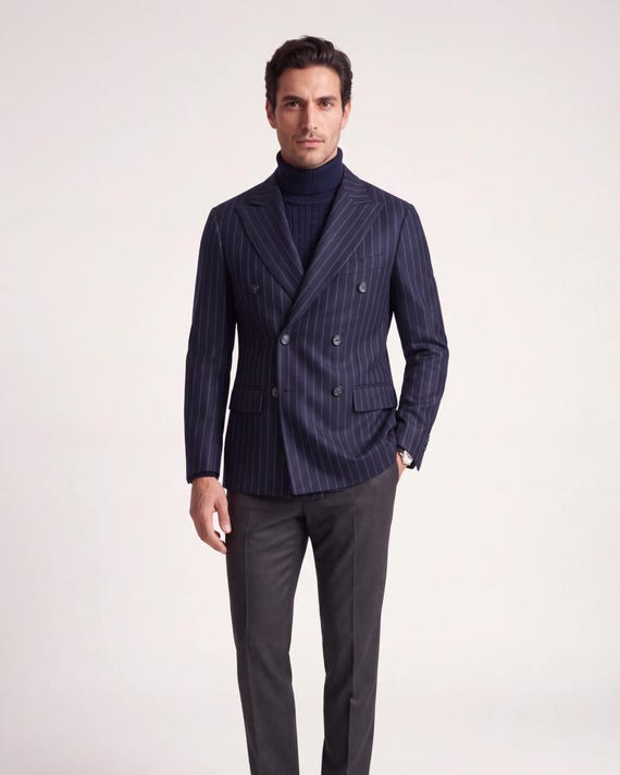 Men's Pinstriped Flannel Wool Blazer | Luxury Navy Blue Double-Breasted Jacket | Lorenzo Risi Atelier