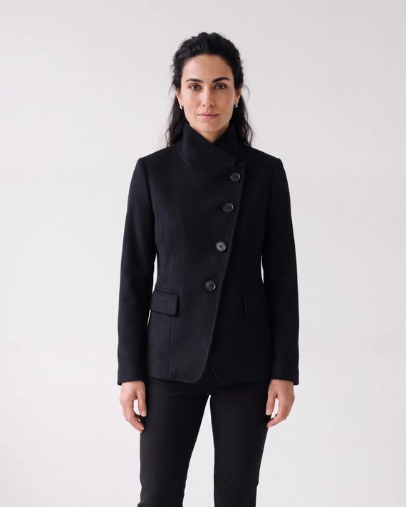 Lorenzo Risi Atelier Women's Black Wool Jacket, Asymmetric Jacket, Elegant Artistic High Collar Coat Made to Order