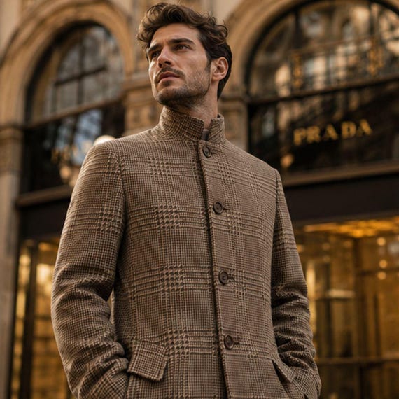 Handmade Prince of Wales Wool Coat for Men