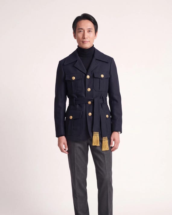 Luxury Italian Wool Safari Jacket for Men | Black Belted Field Jacket | Gold Button Designer Jacket | Made in Italy
