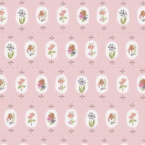 May include: A seamless pattern featuring a repeating design of floral and mushroom motifs in a delicate white outline on a light pink background.