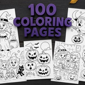 May include: A selection of Halloween-themed colouring pages. The image shows several black and white illustrations of witches, ghosts, pumpkins, and children in costumes. The words "100 COLORING PAGES" are displayed in purple 3D letters.