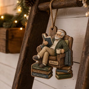 Adorno navideño personalizado para abuelo, recuerdo de madera de 2 capas con nombre personalizado para amantes de los libros, regalo para abuelo, papá y lector.