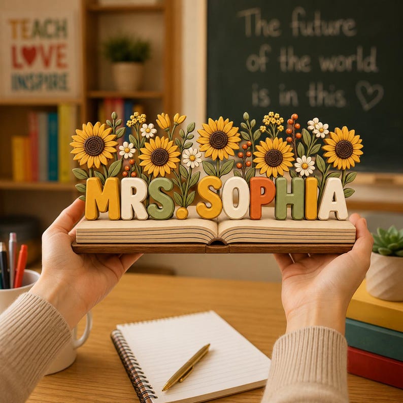 May include: A decorative wooden display featuring an open book base with the text MRS. SOPHIA in raised, multi-colored block letters. Behind the text, a row of sculpted sunflowers, small white daisies, and green foliage creates a floral arrangement.