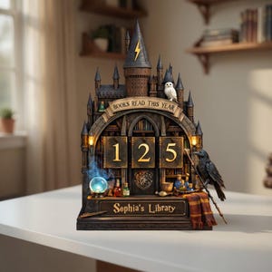 Könnte beinhalten: Eine detaillierte, dunkelbraune Harzskulptur eines Schlosses mit dem Text "BOOKS READ THIS YEAR" über den Zahlen "125". Mit einer Eule, einem Raben und einer Kristallkugel. Die Basis lautet "Sophia's Library".