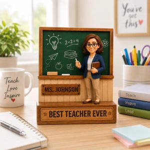 Può includere: Un ornamento da scrivania in legno con una statuetta di un insegnante davanti a una lavagna verde con disegni bianchi di una lampadina, libri ed equazioni. La base è incisa con il testo Ms. Johnson e Best Teacher Ever.
