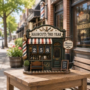 Op de afbeelding: Een gedetailleerd miniatuurmodel van een barbershop met een rood, wit en blauw gestreepte barbierpaal. Het bord leest "HAIRCUTS THIS YEAR" en toont het nummer "258". Een klein bordje zegt "Mason's Barbershop" en "Fresh Cuts Daily".