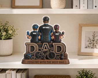 Plaque acrylique personnalisée papa cycliste, figurine papa personnalisée avec noms d'enfants, cadeau fête des pères de la part de son fils et de sa fille