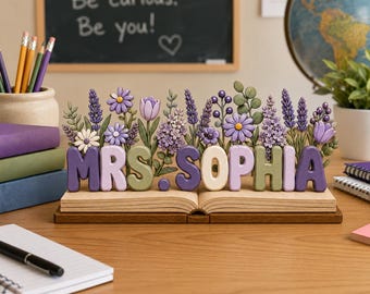 Personalized Teacher Desk Name Wooden Plaque Back To School Gift For Teachers Appreciation, Floral Book Wood Sign, School Counselor Gift