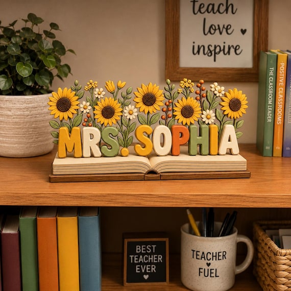 Personalized 2D Teacher Name Sign, Sunflower Classroom Decor, Custom Teacher Desk Sign, Teacher Appreciation Gift