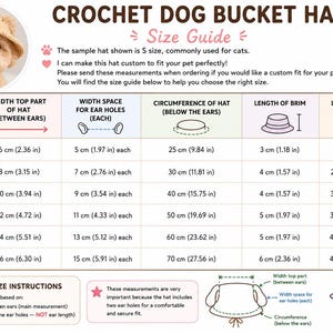 May include: A crochet dog bucket hat in a light brown color, with a size guide chart. The chart provides measurements in inches and centimeters for various hat sizes, including XS to XXL. The hat has ear holes and strings.