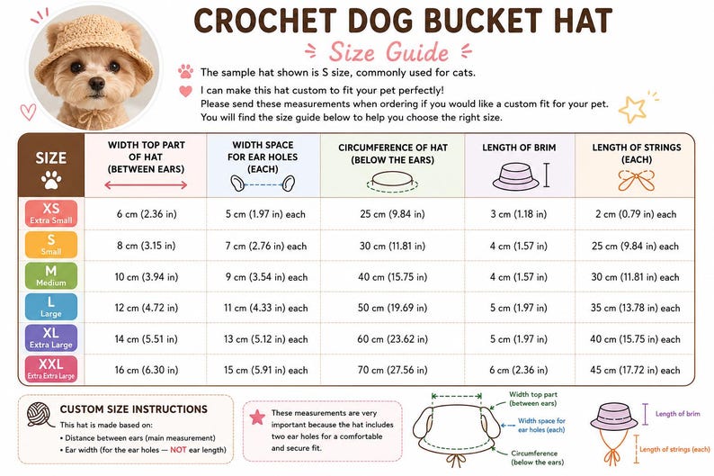 May include: A crochet dog bucket hat in a light brown color, with a size guide chart. The chart provides measurements in inches and centimeters for various hat sizes, including XS to XXL. The hat has ear holes and strings.