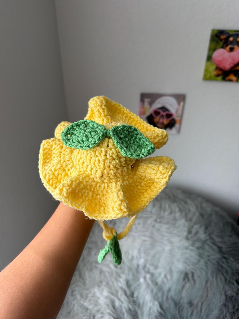 May include: A handmade yellow crochet hat with green leaf accents. The hat has a wide brim and a tie under the chin. The hat is designed to look like a lemon.