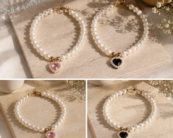Pearl Pet Necklace with Heart Charm | Dog & Cat Pearl Collar | Elegant Puppy Necklace | Pink or Black Heart Charm | Cute Pet Accessories