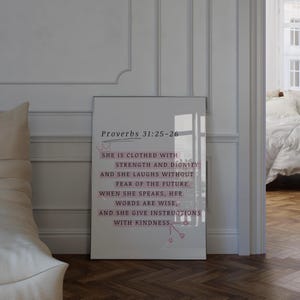 Impresión de Proverbios 31:25-26, Arte mural de las Escrituras Cristianas, Póster de Versículos Bíblicos, Impresión de Citas de Fe, Arte Cristiano Moderno, Descarga Digital