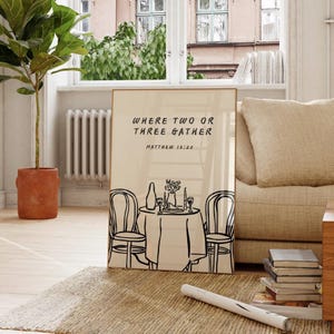 Wo zwei oder drei sich versammeln Druck, Wandkunst aus der Bibel, christliches minimalistisches Kunstwerk, auf dem Glauben basierendes Wohnkultur für Esszimmer und Küche