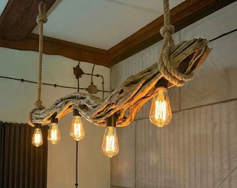 Driftwood branch chandelier lighting hanging lamp shade handmade reclaimed wooden pendant light art deco lamp