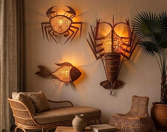 Aplique de pared con forma de pez, lámpara de ratán con forma de cangrejo, pantalla de lámpara de langosta, lámpara colgante de pared única de ratán para iluminación nocturna.