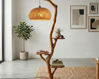 Tree branch corner floor lamp with shelf free standing unique handmade driftwood light art decor