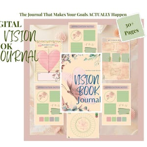 Puede incluir: Un diario de visión digital con un esquema de color rosa y verde. La portada presenta una ilustración de mariposa y el texto "Vision Book Journal". El diario incluye páginas para notas de agradecimiento, una lista de deseos y páginas de vision board. El diario tiene más de 30 páginas.