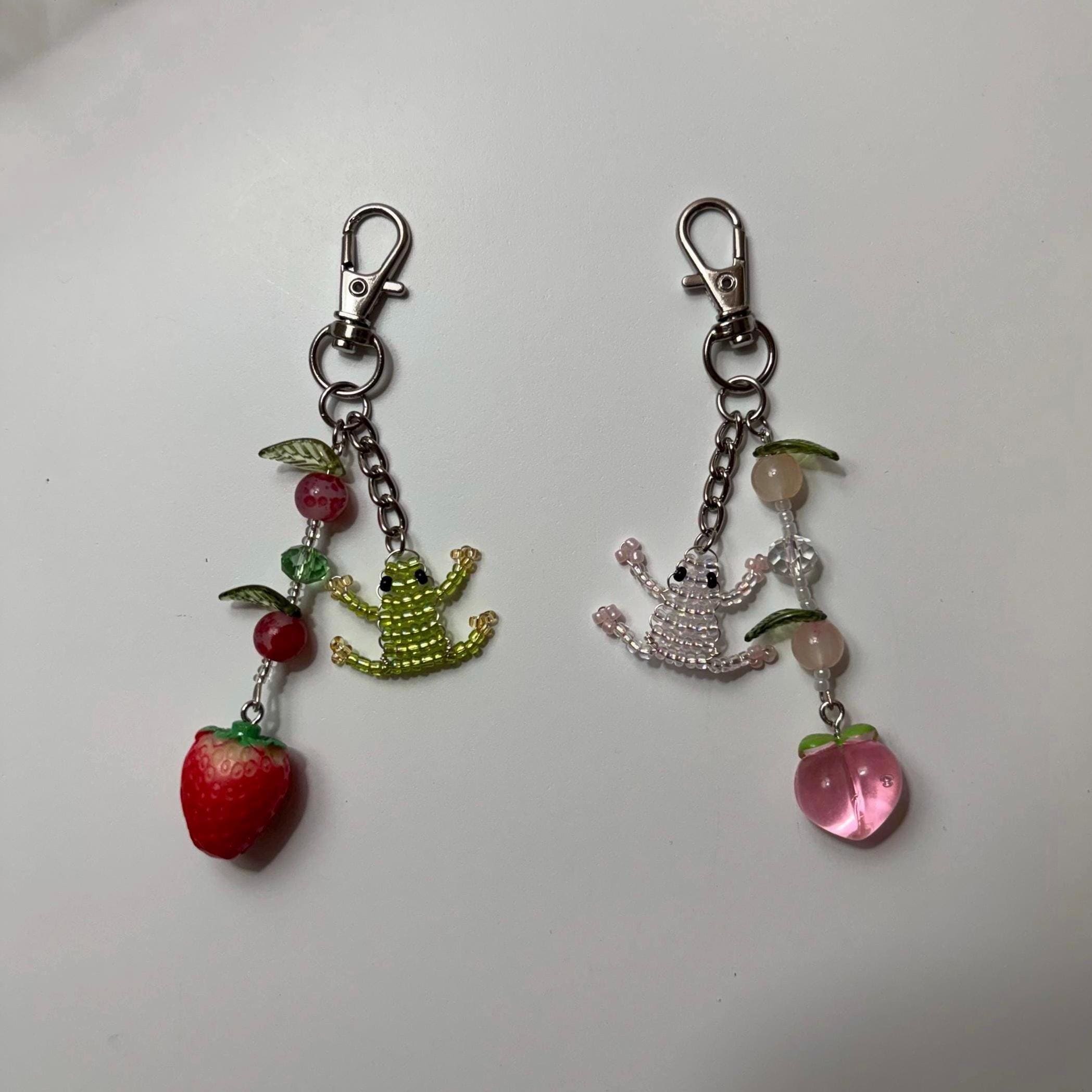 Cute Beaded Frog Bag Charm, Pink or Green, Strawberry or